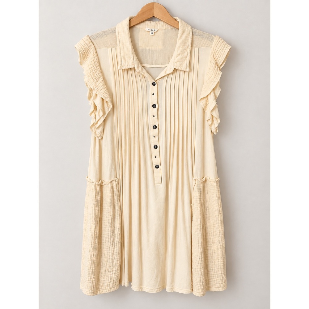 POL Boho Pleated Ruffle Mini Dress Cream Ivory Size M FKD10